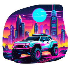 Sci-Fi Cityscape with Neon Off-Road Vehicle: Synthwave Style Vector Art