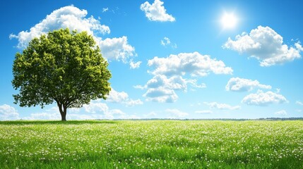 Obraz premium Solitary tree in vibrant green field under a bright, sunny sky
