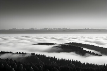 sea of clouds over the forest, Black and white tones in minimalist photography