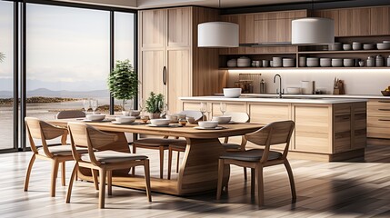 Living room of dining room interior with mock up poster frame, stylish table, rattan chair,  