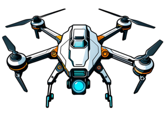 Cyberpunk Drone Sticker: Multi-Rotor Vector Art on White Background