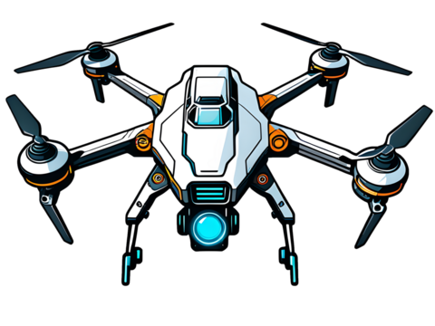 Cyberpunk Drone Sticker: Multi-Rotor Vector Art on White Background