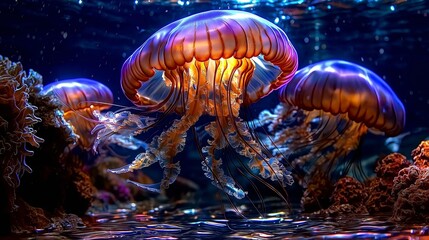 Fototapeta premium A captivating underwater scene featuring vibrant, glowing jellyfish illuminated in vivid colors. The setting highlights their ethereal beauty amidst coral reefs and deep ocean ambiance.