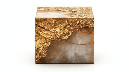 Gold and marble cube on white background.