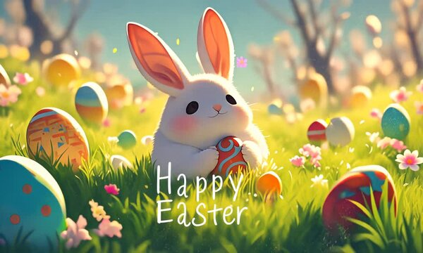 A cartoon rabbit holding an Easter egg in a field. The image is titled "Happy Easter". Scene is cheerful and festive, as it depicts a cute rabbit enjoying the Easter season