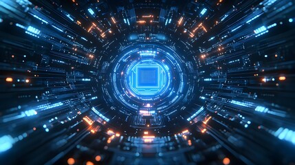 Digital circuit board focuses on blue glowing microchip with radiating electronic pathways and circuit lines, featuring technological elements in dark blue background with symmetrical PCB design