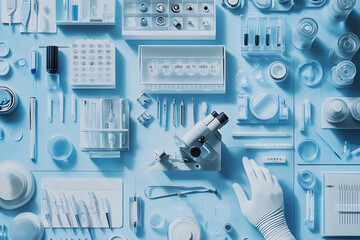 Various laboratory tools, including microscopes and test tubes, are arranged on a light blue table, and a hand wearing a white rubber lab glove is trying to grasp something.