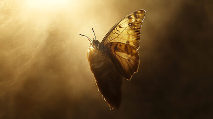  A butterfly emerging from a chrysalis, illuminated by soft golden light, delicate and powerful