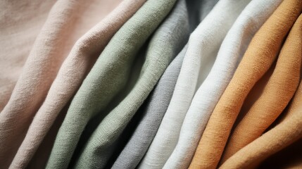 Soft, earthy tones of folded fabric in a variety of neutral colors.  A close-up showcasing the texture and drape of the material.