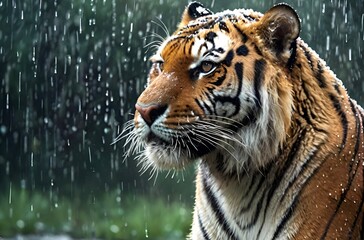 Obraz premium Powerful tiger, its face streaked with rain, stands defiantly in the midst of a storm.