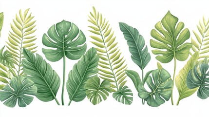 Lush Green Tropical Leaves in Various Shapes Creating a Vibrant Nature Background