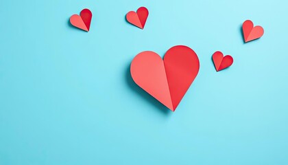 Red paper hearts on light blue background