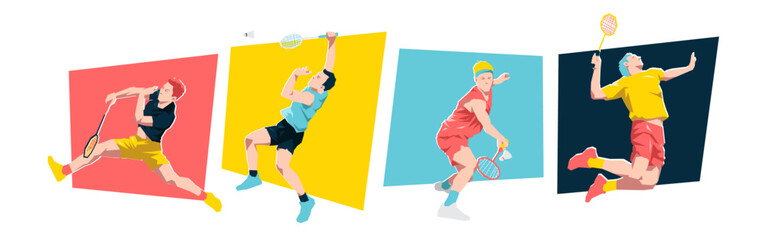 Set of male badminton players. Badminton athlete character. Isolated on white background. Flat graphic vector illustration.