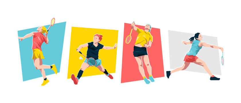 Set of female badminton players. Badminton athlete character. Isolated on white background. Flat graphic vector illustration.
