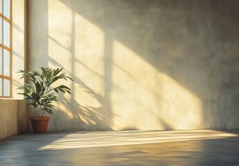 A minimalist room with light concrete walls and sunrays streaming in through large windows, creating soft shadows on the wall.