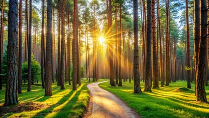 Fototapeta premium Summer Pine Forest Panorama: Sunlit Pathway Through Lush Green Trees