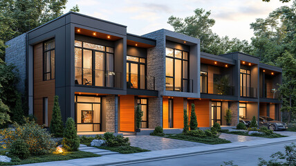 Modern modular private townhouses with minimalist residential architecture exterior