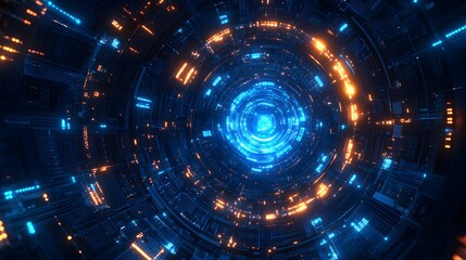 Fototapeta premium Digital circuit board focuses on blue glowing microchip with radiating electronic pathways and circuit lines, featuring technological elements in dark blue background with symmetrical PCB design