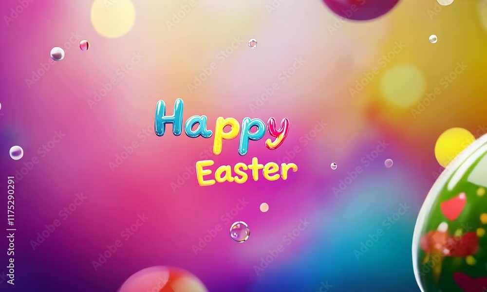 Poster a colorful easter egg display with a message of happiness. the eggs are floating in the air and the 
