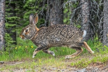 Fototapeta premium In the Netherlands, at Rottumerplaat, a wild rabbit is feeding on new tree shoots