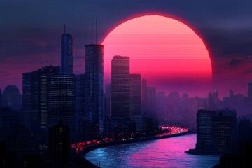 Obraz premium A pixel art highway scene with blocky cars and vibrant sunset hues, evoking a retro game aesthetic