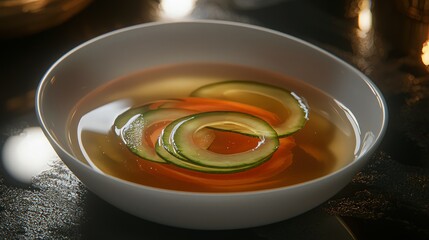 Clear broth soup, vegetables, elegant setting, dark background, fine dining.