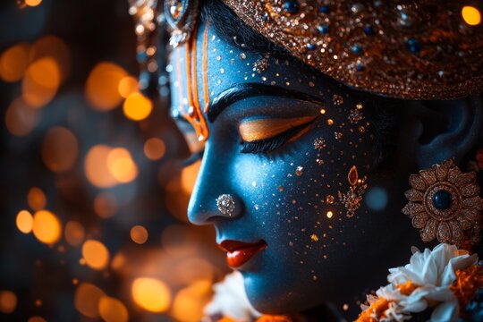 Krishna in a cosmic setting, showing his Vishwaroop (universal form), with galaxies, stars, and deities surrounding him