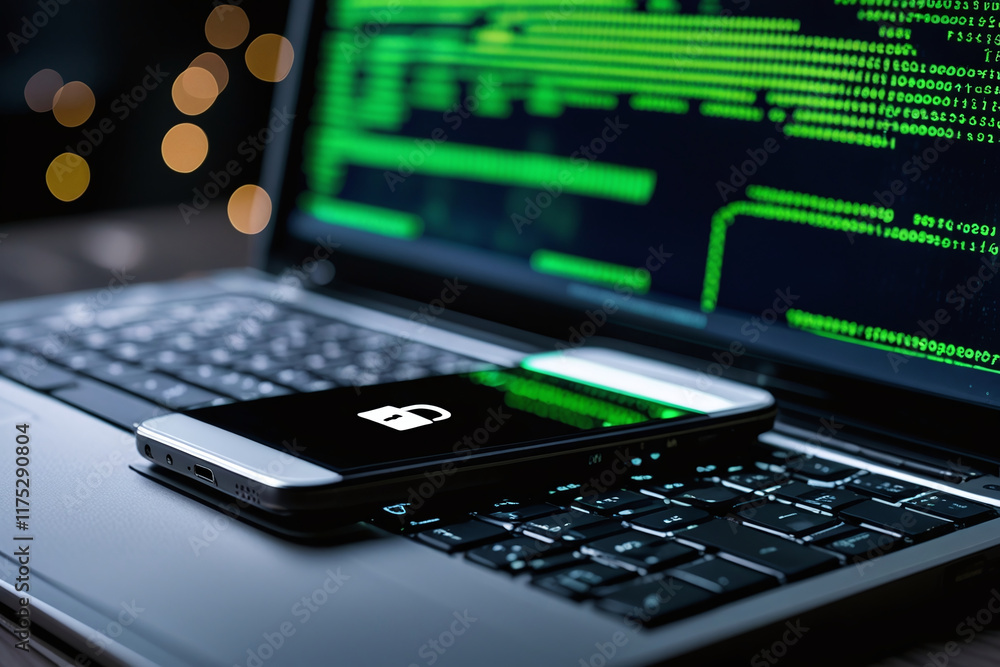 Poster a laptop with a screen that displays a green code, on the laptop keyboard is a smartphone, on the sc
