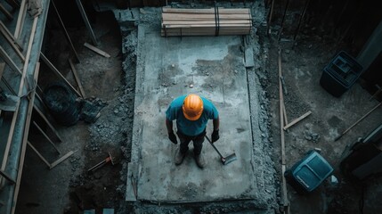 Construction Worker Standing on Fresh Concrete
