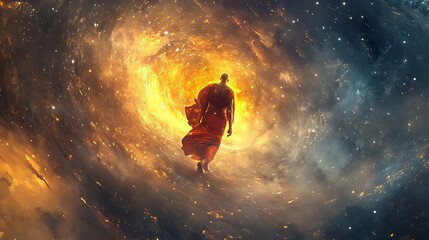  A warrior monk glowing with inner light, standing amidst swirling cosmic energy