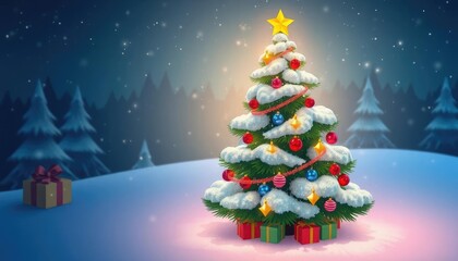 Christmas tree on snowy landscape; festive scene; holiday background; digital illustration; for cards, prints, websites