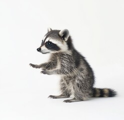 Fototapeta premium Curious raccoon attempts to reach something by standing on its hind legs