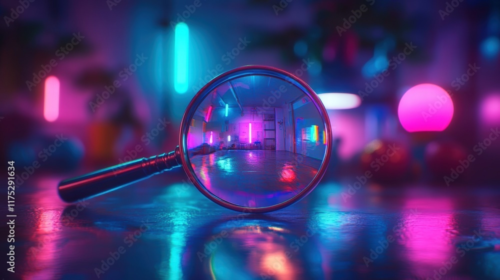 Poster magnifying glass resting on a table surrounded by neon lights in a vibrant and colorful indoor setti
