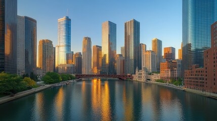 Obraz premium Golden Hour Skyline Reflecting In Chicago River