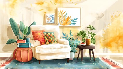 Cozy and Vibrant Living Room with Inviting Decor and Greenery