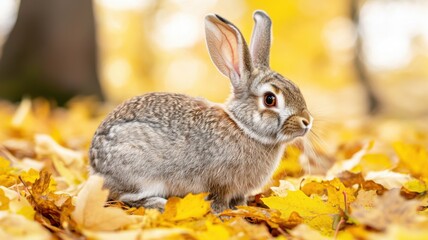 Naklejka premium A cute rabbit sits among vibrant autumn leaves, showcasing the beauty of nature in a serene forest setting.