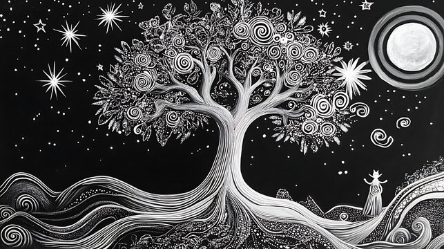  A celestial tree with roots in the Earth and branches in the stars, symbolizing connection and growth