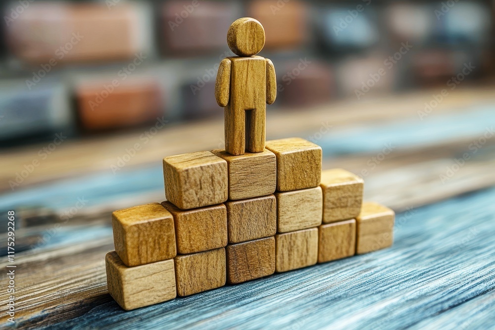 Aufkleber wooden figure standing triumphantly on a stack of blocks against a rustic background symbolizing ach