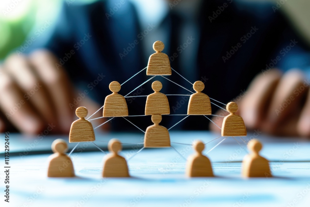 Poster wooden figures representing team structure and hierarchical organization in business management conc