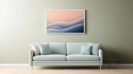 Serene living room with a light teal sofa and abstract landscape art. Soft, muted colors create a calming atmosphere.