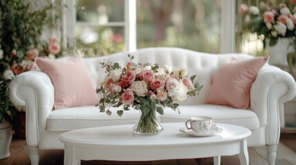 Elegant Living Room with White Sofa and Floral Arrangement in Bright, Sunlit Space Featuring Soft Pastel Tones and Classic Decor Elements
