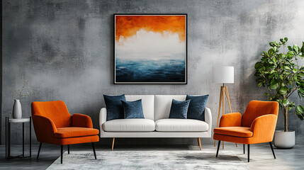 Scandinavian Living Room with Vibrant Orange Armchairs and White Sofa Against Concrete Wall
