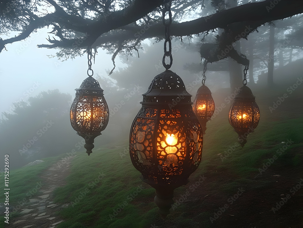 Poster glowing lanterns hanging from a tree branch in a misty forest.