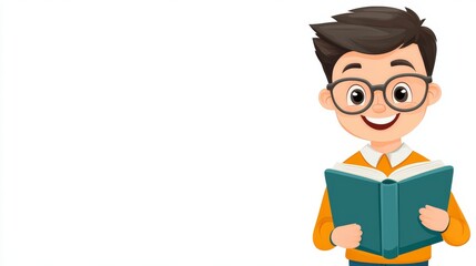Happy boy reading a book with glasses, enjoying a moment of learning and discovery