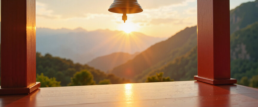 Temple bell ringing at sunset with mountain backdrop, Parinirvana Day