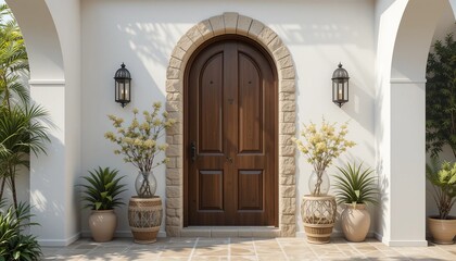 Mediterranean Elegance:  Arched Wooden Doorway Entrance 