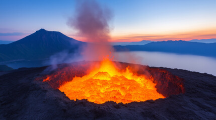 Fototapeta premium Active volcano with glowing lava crater and smoke, set against a serene lake and mountain landscape at sunrise 