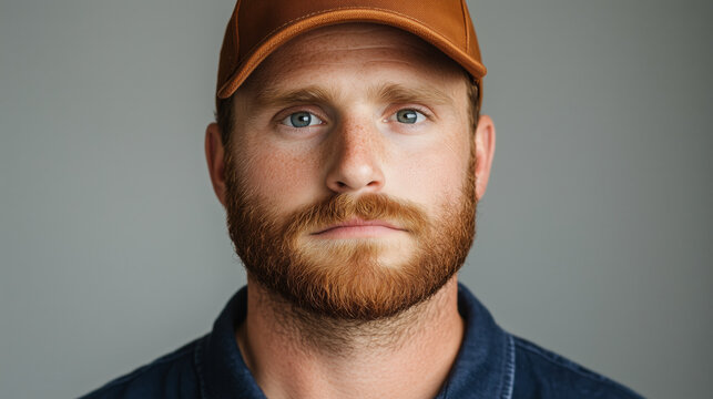 Portrait of a 28 years old man with a red beard, wearing a brown cap and denim shirt