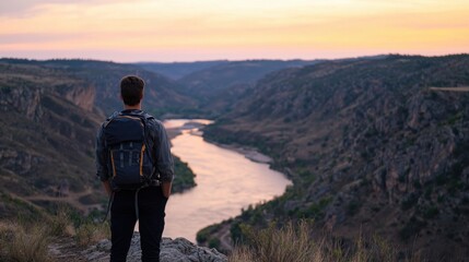 Fototapeta premium Hiking adventure man stands on mountain overlooking river at sunset