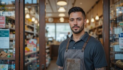 Obraz premium Confident Shop Owner: A young man with a beard stands confidently in the doorway of his small business, wearing a brown apron. He is looking directly at the camera, and the image is warm and inviting.